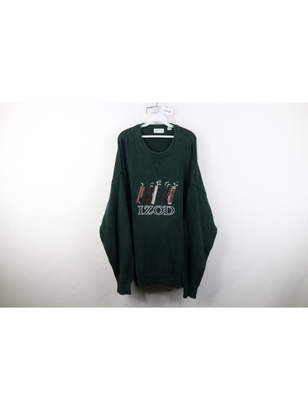 Vintage 90s Izod Golf Mens XL Faded Spell Out Golf Bag Knit Sweater Green Cotton
